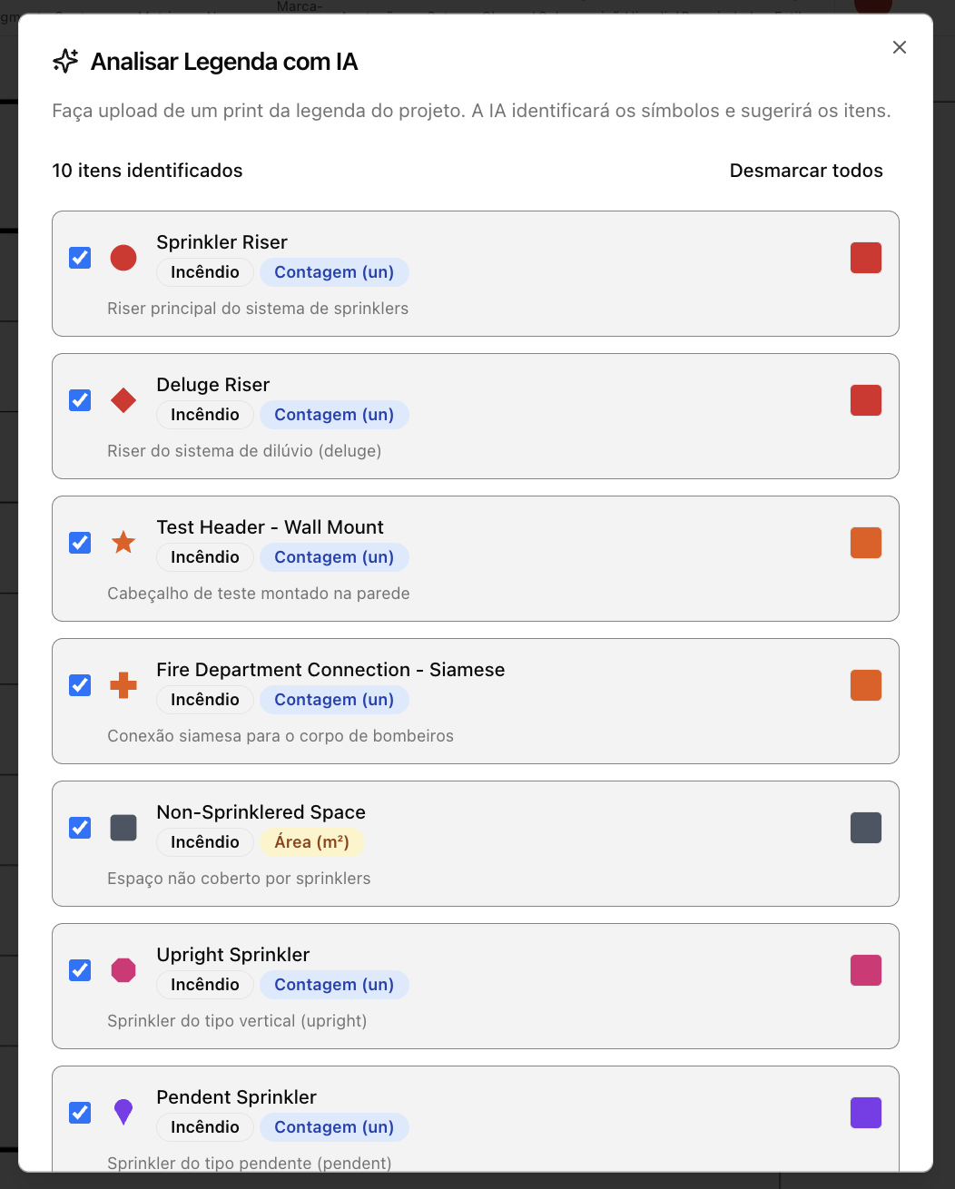 A IA identifica os símbolos e sugere os itens de medição
